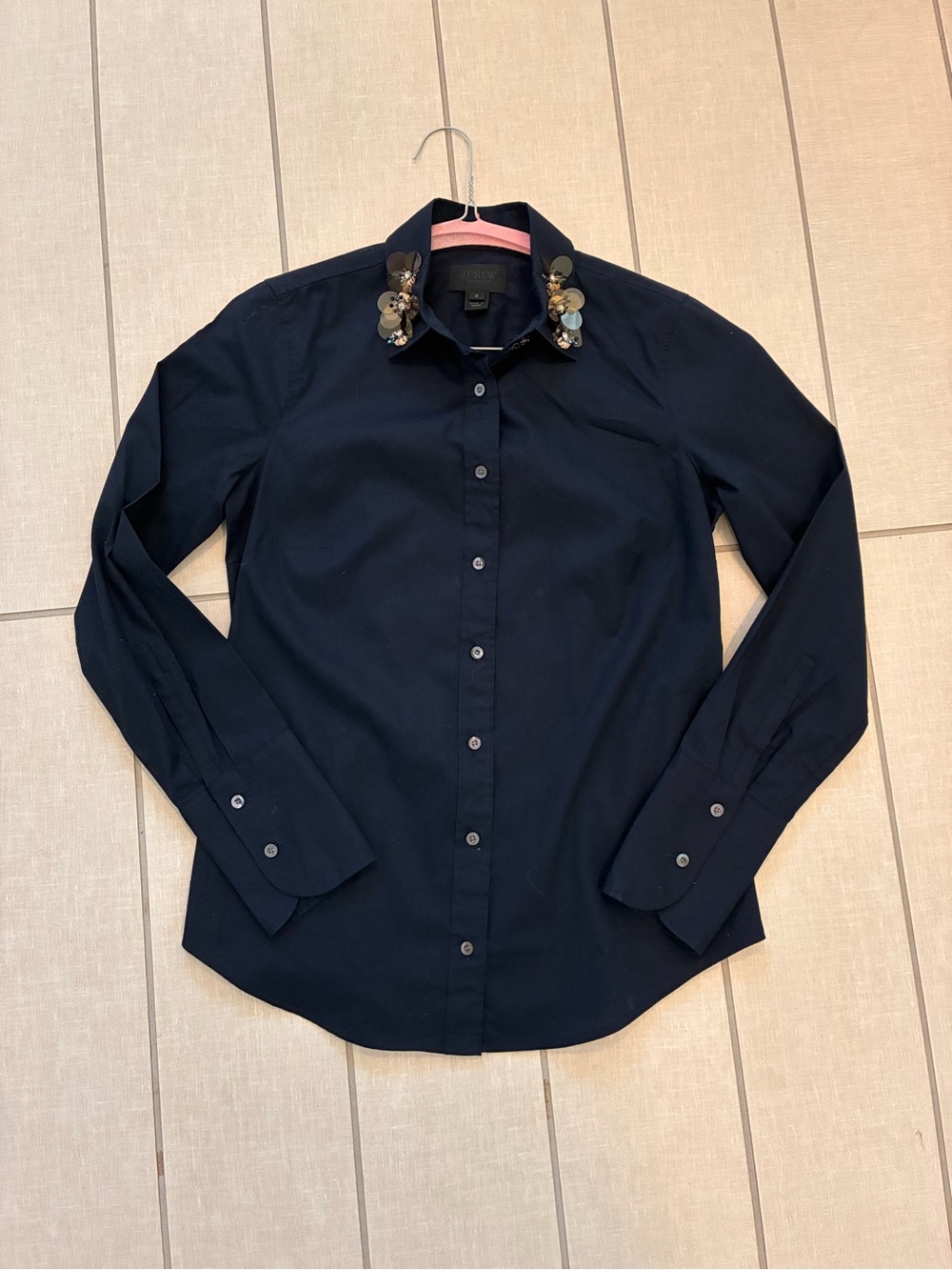 J. Crew Collection Navy Ling Sleeve Perfect Shirt with Embellished Collar size 0